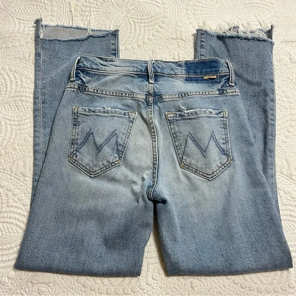 MOTHER Insider Crop Step Fray Denim Jeans High Rise Waist Raw Hem Light Wash 24